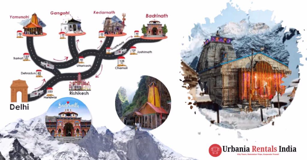 Pilgrims traveling from Delhi to Char Dham in the Himalayas with scenic mountain views and a temple en route